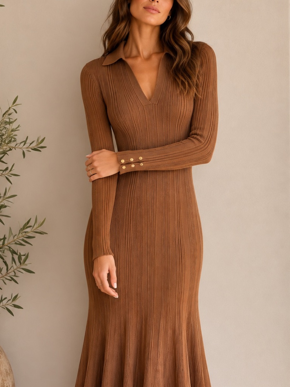 NWT✨ Skies Are Blue Brown Ribbed Knit Midi Dress Gold Button Cuffs Small